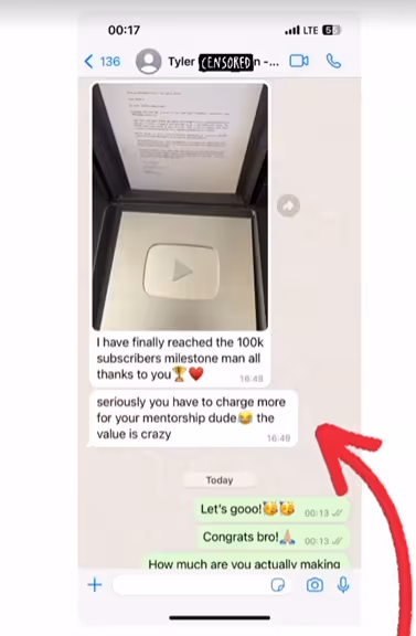 Screenshot of a text message conversation celebrating reaching 100,000 YouTube subscribers with a silver play button award image.