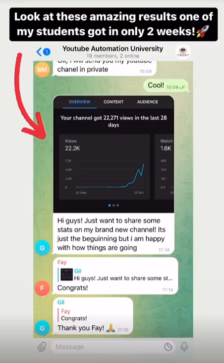 Screenshot of a WhatsApp chat showing a message with YouTube channel stats featuring 22,271 views in 28 days, with conversation praising the achievement.