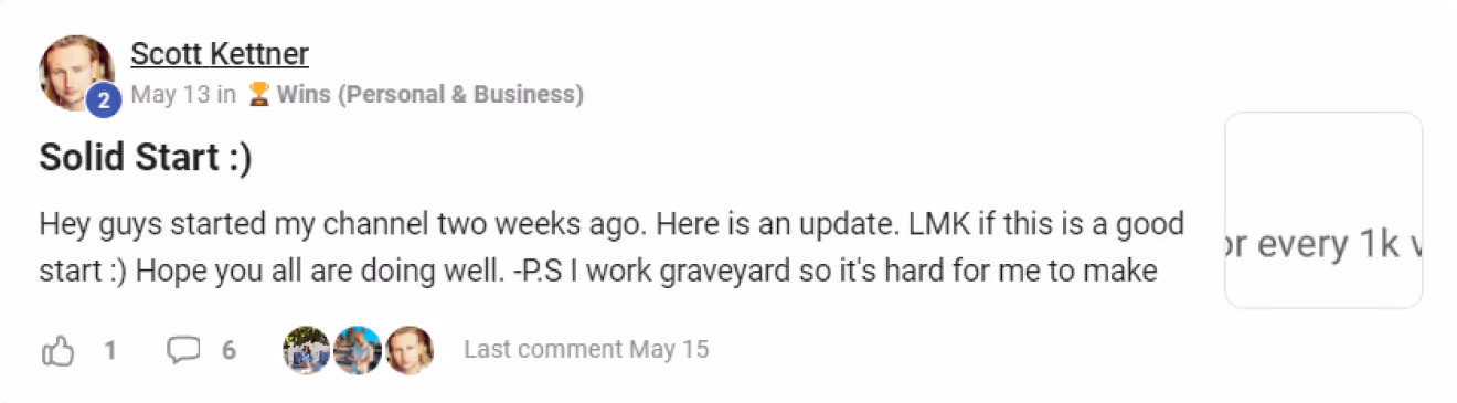 Social media post by Scott Kettner dated May 13 about starting a new channel with an update and asking for feedback, showing 1 like, 6 comments, and the last comment on May 15.