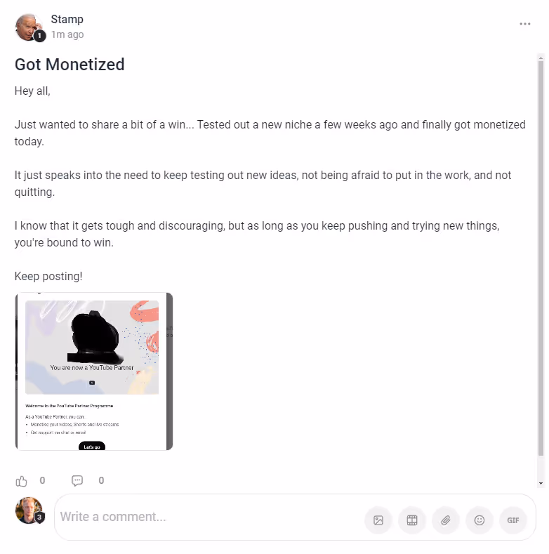 Social media post announcing successful monetization as a YouTube Partner with a message about persistence and testing new ideas.