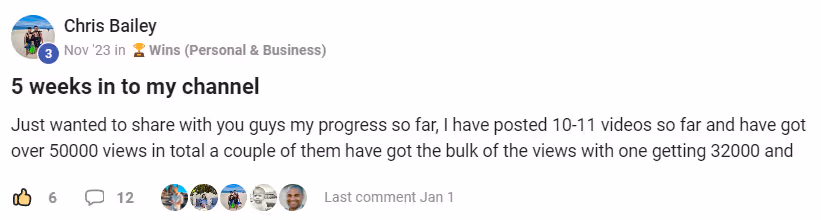 Social media post by Chris Bailey sharing progress on channel with over 50,000 views and 10-11 videos posted.