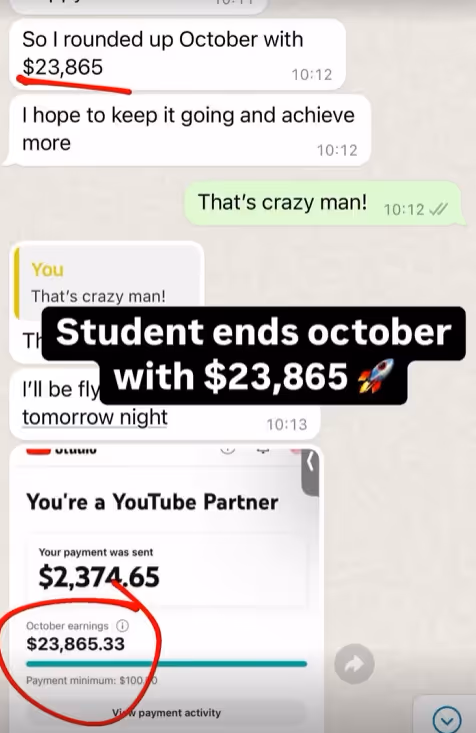 Screenshot of a chat discussing a student earning $23,865 in October, with a YouTube payment showing $23,865.33 in October earnings circled in red.