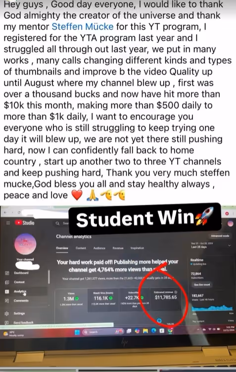 Screenshot of YouTube Studio analytics showing earnings of $11,785.65 with a handwritten note thanking mentor Steffen Mücke and celebrating channel growth and success.