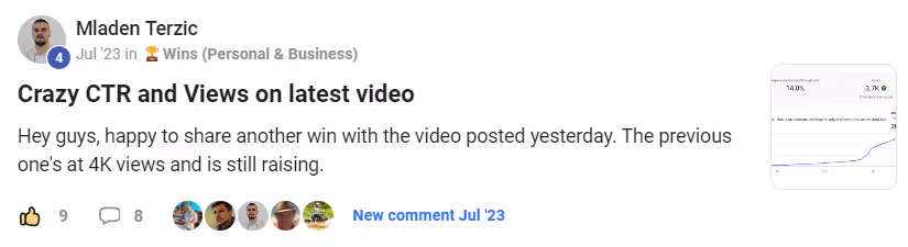 A social media post by Mladen Terzic from July 2023 sharing success with a video reaching over 4K views and featuring a small line graph showing increasing views.