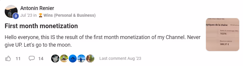 LinkedIn post by Antonin Renier celebrating first month monetization on his channel with 11 likes and 14 comments.