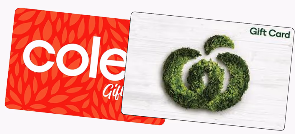 Two gift cards overlapping, one red with 'cole' visible and the other white with a green leafy apple logo and 'Gift Card' text.