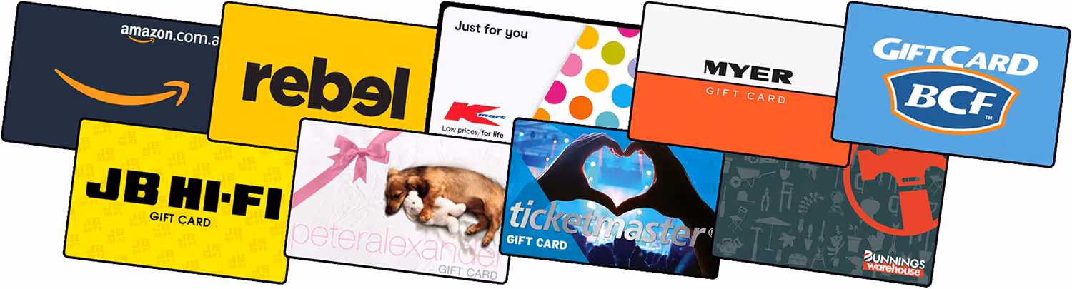 Collage of Australian retail gift cards including Amazon, Rebel, Kmart, Myer, BCF, JB Hi-Fi, Peter Alexander, Ticketmaster, and Bunnings Warehouse.