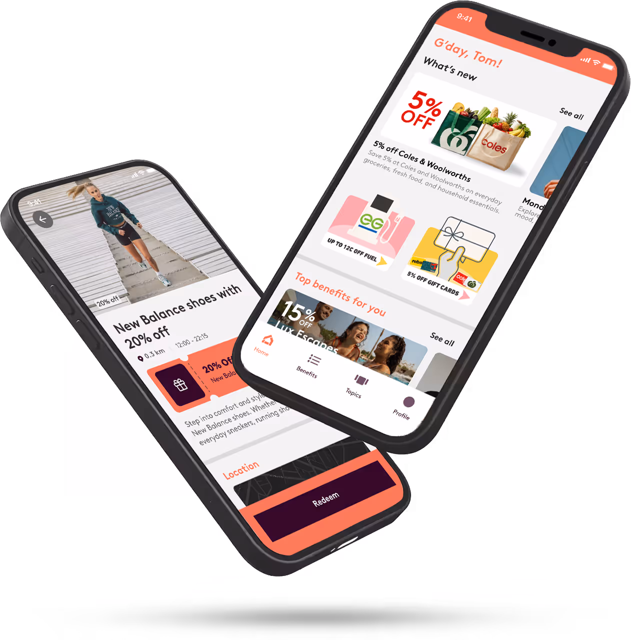 Two smartphones displaying a fitness app with workout offers, discounts, and location map.