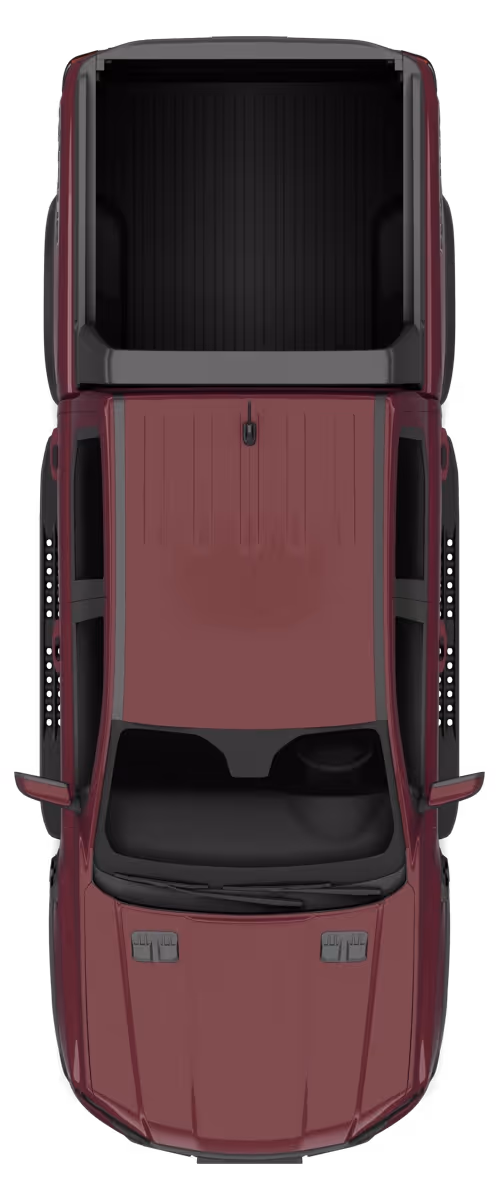 Top view of a maroon pickup truck with an empty black bed and tinted windshield.