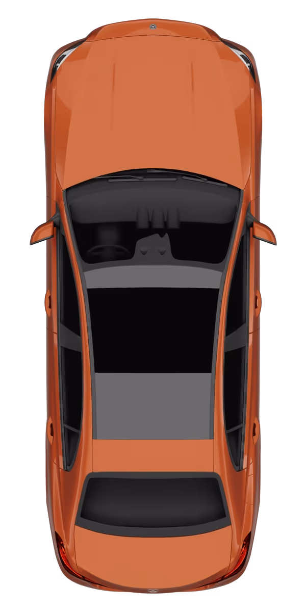 Top-down view of an orange four-door car with black tinted windows.