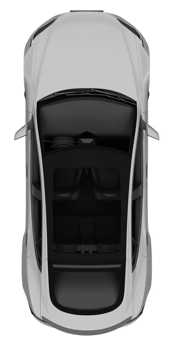 Top view of a modern silver car showing windshield, sunroof, and side mirrors.