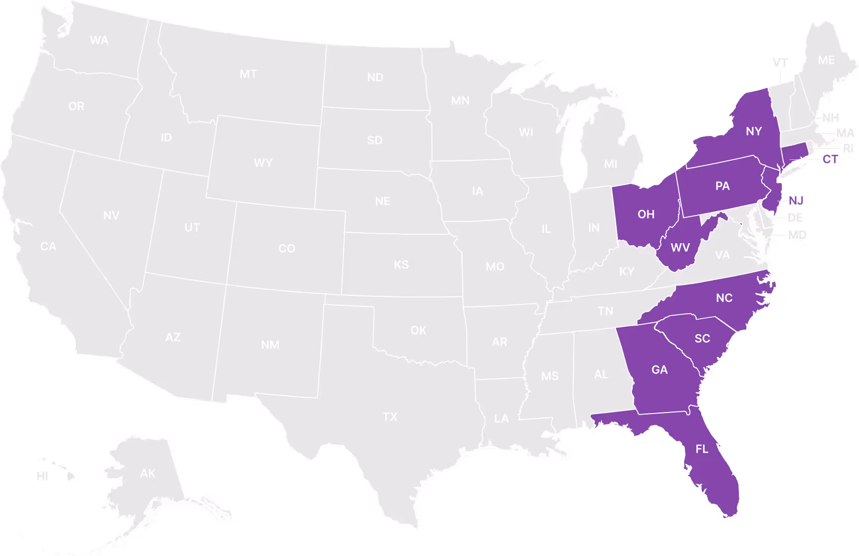 Map of the United States highlighting in purple the states of New York, Pennsylvania, New Jersey, Connecticut, Ohio, West Virginia, North Carolina, South Carolina, Georgia, and Florida.