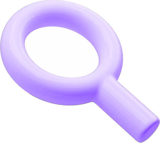 Purple 3D stylized magnifying glass icon.