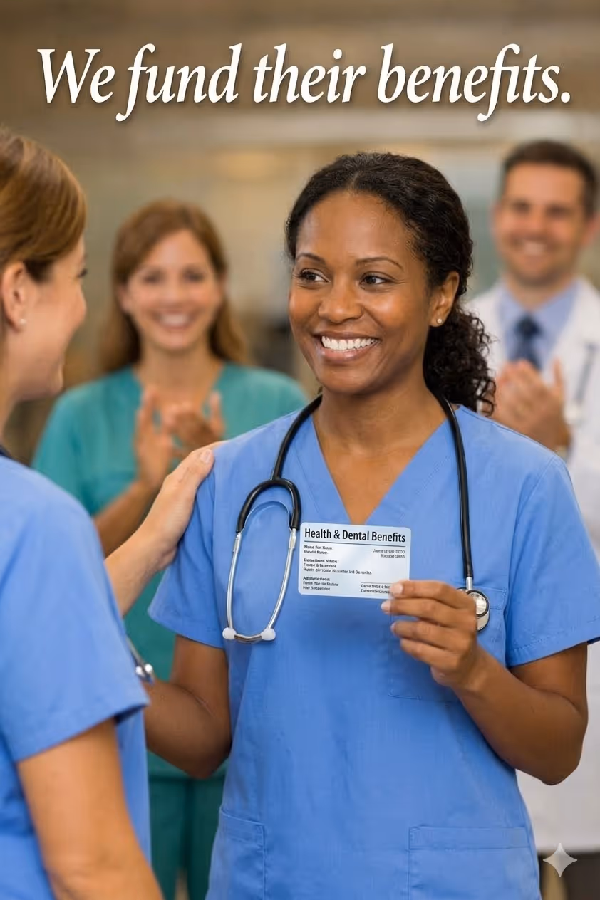 Smiling nurse holding a health and dental benefits card with colleagues clapping in the background and the text 'We fund their benefits.'