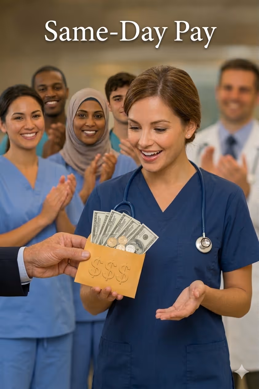 A female healthcare worker in scrubs with a stethoscope happily receives an envelope with money, while diverse colleagues applaud behind her; text reads 'Same-Day Pay'.