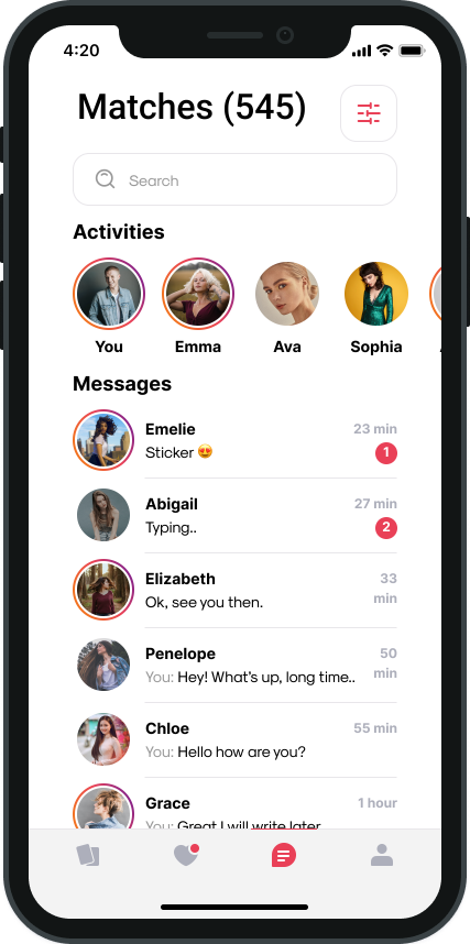 Smartphone screen showing a dating app with 545 matches, recent activities with contacts You, Emma, Ava, Sophia, and a message list including Emelie, Abigail, Elizabeth, Penelope, Chloe, and Grace with message previews and timestamps.