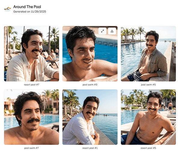 AI generated photos of a man with dark hair and mustache smiling around an outdoor resort pool and swimming pool area.