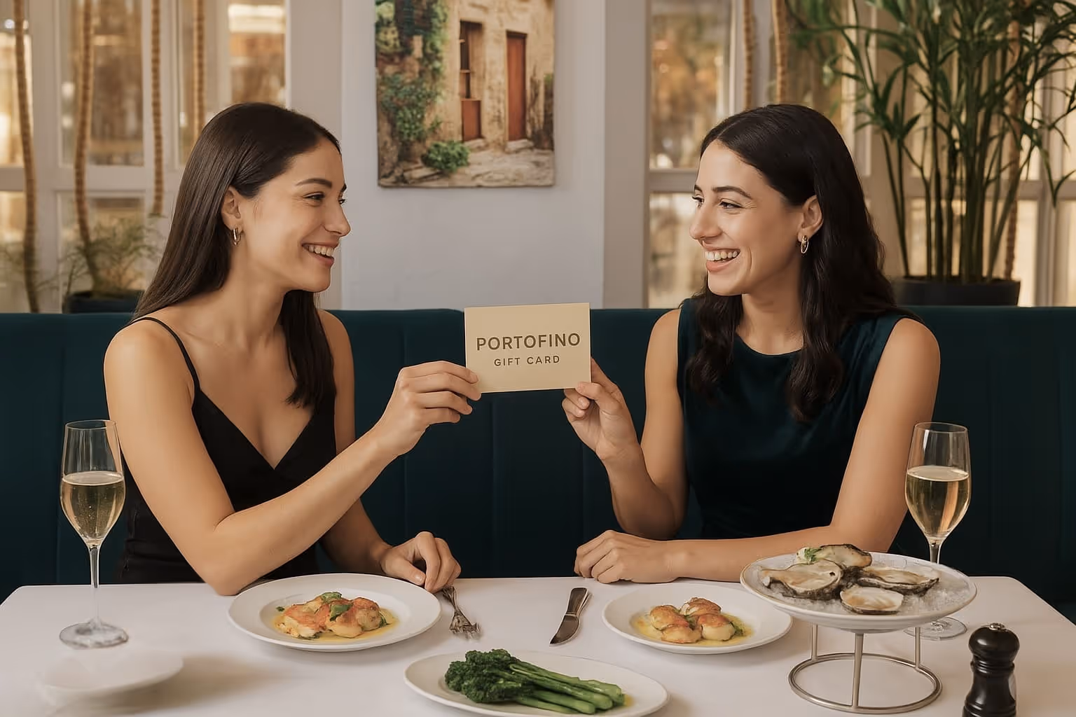 girls holding Portofino's gift voucher.