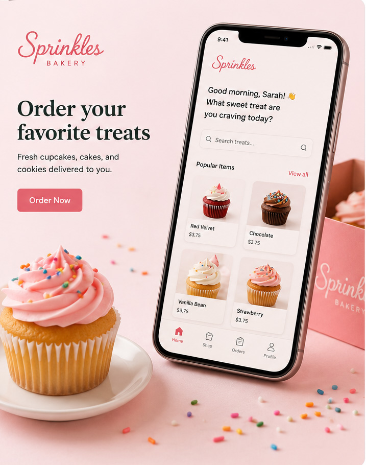 Sprinkles Bakery mobile ordering experience featuring cupcakes and product selections.