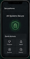SecureHome mobile app showing system status and home security controls.