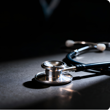 Stethoscope resting on a dark surface, representing healthcare and wellness.