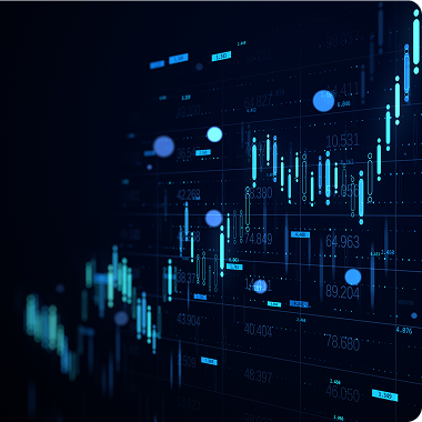 Digital financial chart with blue data points and trend lines.