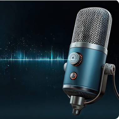 Studio microphone beside an audio waveform visualization.