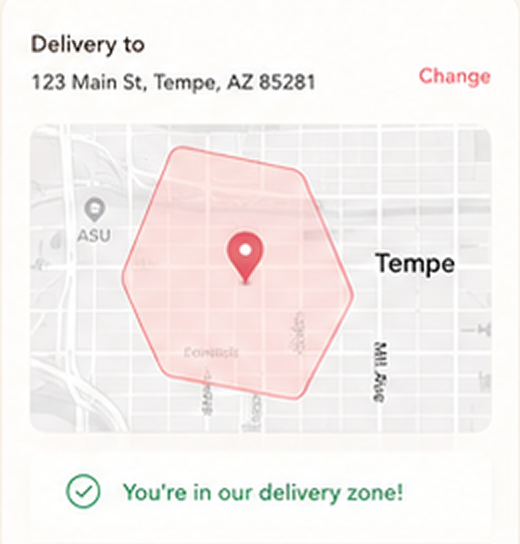 Local delivery interface showing available delivery windows, delivery address, map coverage, and delivery-zone confirmation.