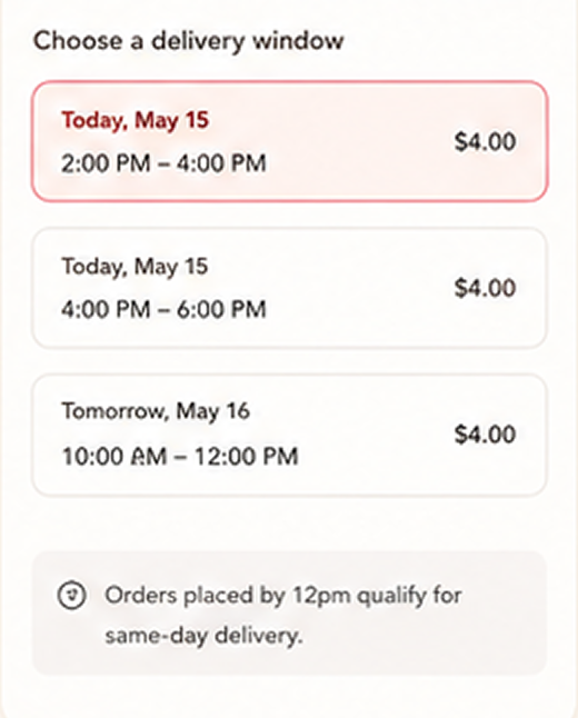 Local delivery interface showing available delivery windows.