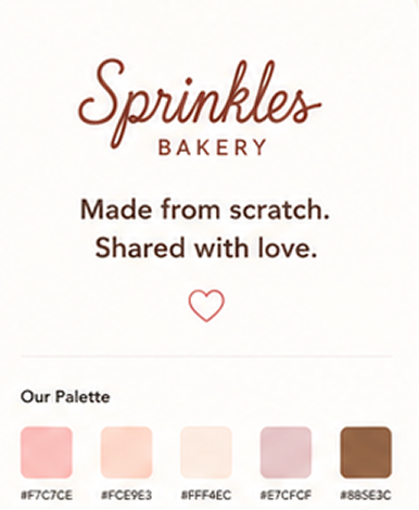 Sprinkles Bakery brand presentation featuring the logo, warm pastel color palette, brand message.