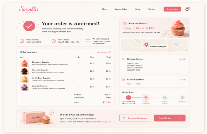 Sprinkles Bakery order confirmation and checkout experience showing order details, delivery information, totals, and next-step actions.