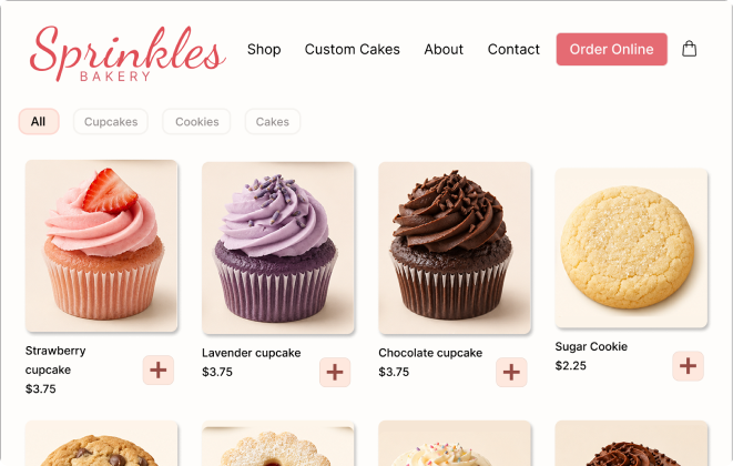 Sprinkles Bakery product browsing page showing cupcakes and cookies organized by category with images, prices, and add-to-cart controls.
