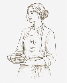 Illustration of Élodie Verlaine, the Maison Verlain artisan baker, holding a tray of pastries.