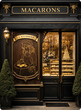 Maison Verlain storefront featuring dark green and gold branding with an elegant French pâtisserie entrance.
