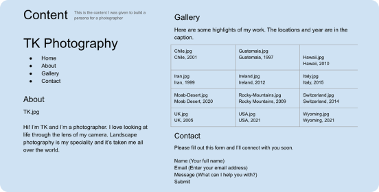 TK Photography content inventory outlining site pages, gallery categories, about content, and contact information.