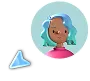 Illustration of a smiling person with blue hair and pink clothing inside a teal circle with abstract blue shape nearby.