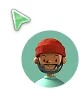 Cartoon avatar of a man with curly hair and beard wearing a red cap inside a green circle with a cursor icon above.