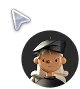 Cartoon graduate boy wearing a black cap and gown with a diploma, next to a white cursor pointer.