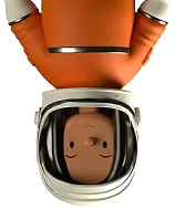 Cartoon astronaut in an orange space suit with a white helmet.