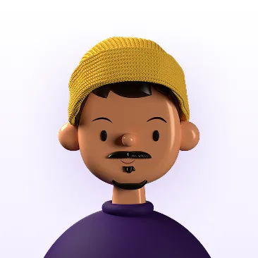 3D illustration of a male character with a mustache and goatee wearing a yellow knit beanie and a purple shirt.