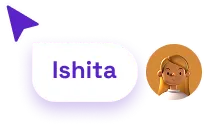 Purple cursor pointing to a speech bubble with the name 'Ishita' and a small avatar of a woman with brown hair.