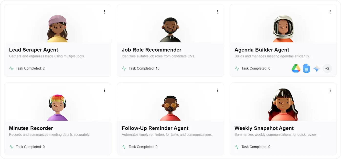 Dashboard showing six AI agents with avatars and brief descriptions: Lead Scraper Agent with 2 tasks completed, Job Role Recommender with 15 tasks completed, Agenda Builder Agent with 0 tasks, Minutes Recorder with 0 tasks, Follow-Up Reminder Agent with 0 tasks, and Weekly Snapshot Agent with 0 tasks.