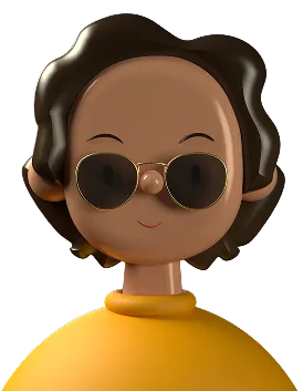 3D illustration of a person with dark curly hair wearing round sunglasses and an orange shirt.