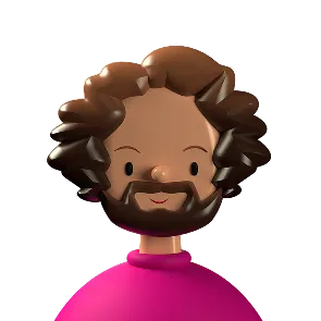 3D illustration of a smiling man with curly hair, a beard, and a bright pink shirt.