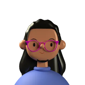 3D illustration of a person with dark skin, long black hair, wearing pink glasses and a blue turtleneck sweater.