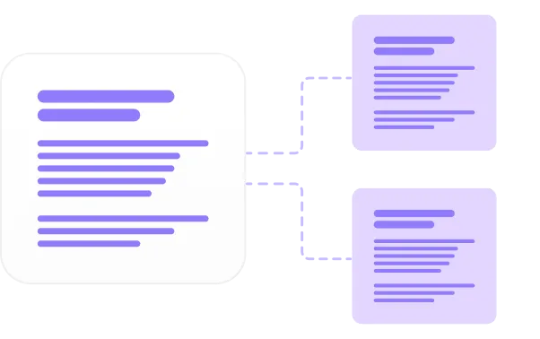 Diagram showing one white square containing purple lines connected by dashed lines to two smaller purple squares with similar line patterns.