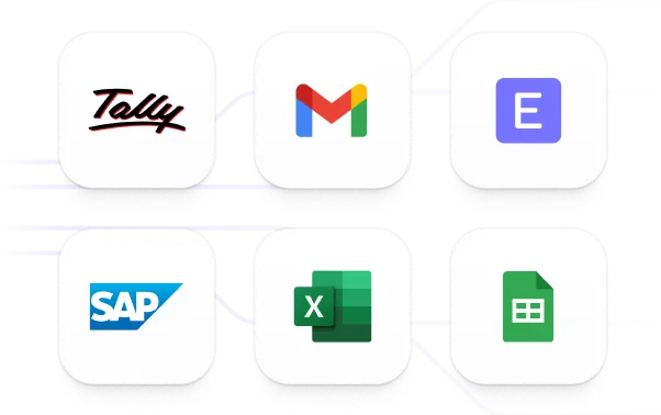 Six icons representing different software: Tally, Gmail, Evernote, SAP, Microsoft Excel, and Google Sheets.