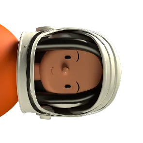 Illustration of a smiling astronaut with medium skin tone and black hair wearing a white helmet and orange suit.