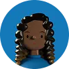 Illustration of a woman with curly hair and dark skin wearing a blue top in front of a blue circular background.