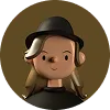 3D illustration of a person wearing a black hat and black shirt against a brown circular background.
